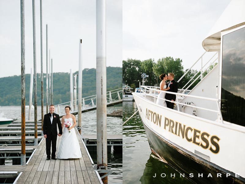 Two photos: Bride and Groom on pier and on Afton Princess.